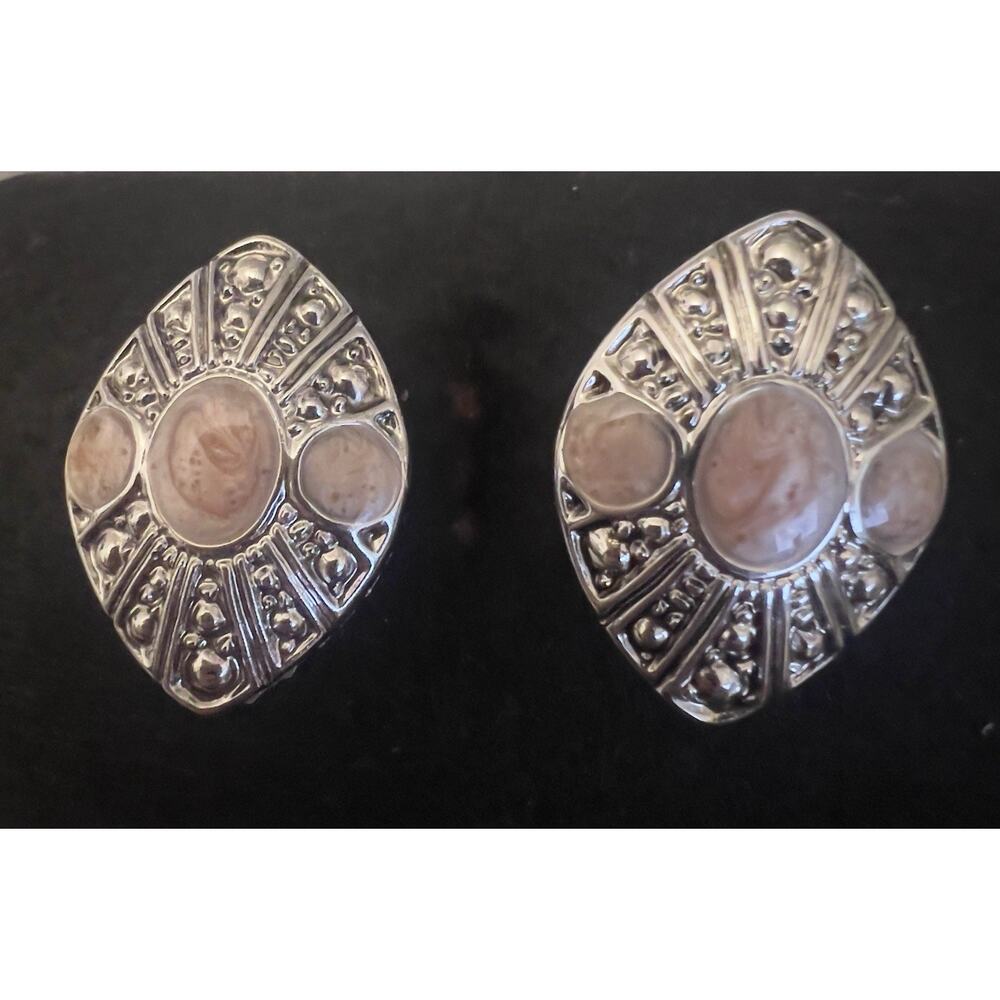 Vintage Silver Tone Pink Cabochon Ornate Clip On Earrings Art Deco Style Retro